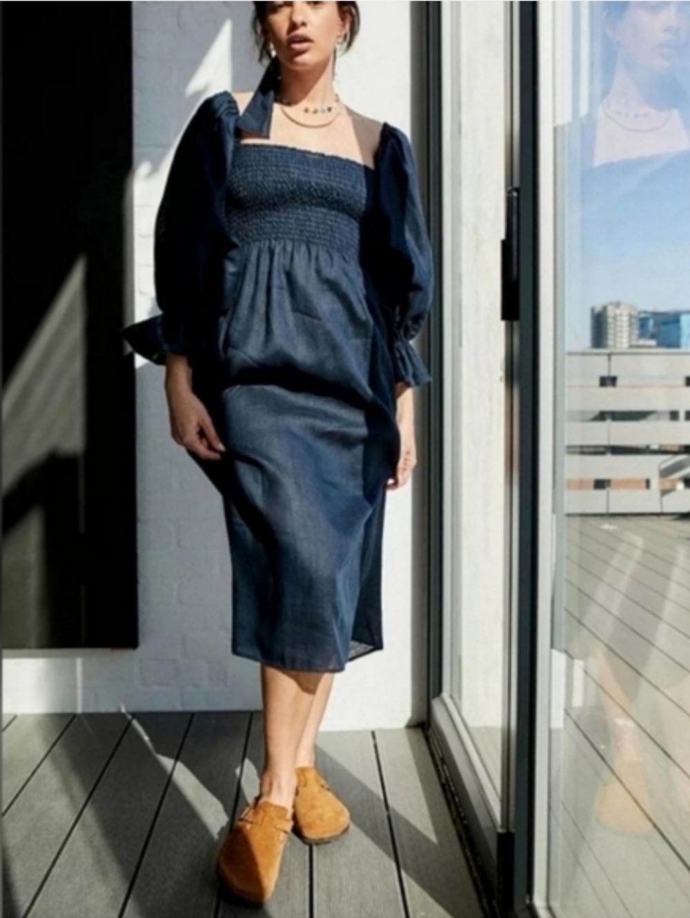 Sleeper. 100% linen atlanta midi dress in navy blue, large - Picture 6 of 14